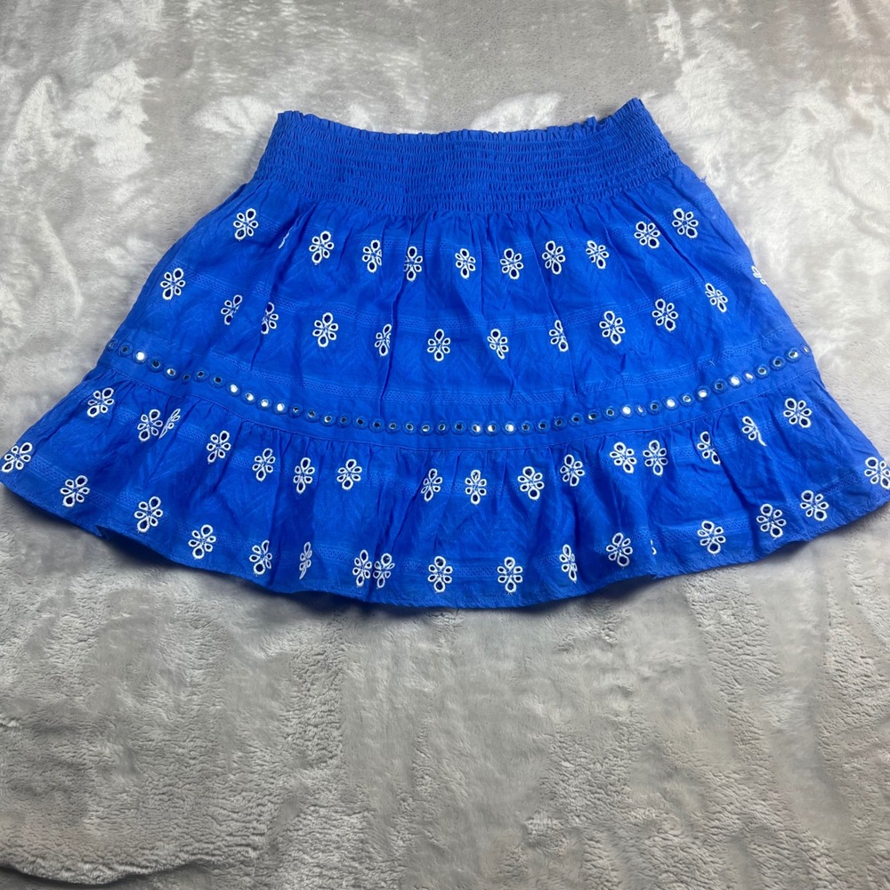 Ramy Brook‎ Women's Medium M Mini Skirt Blue Eyelet Cotton Smocked Ruffle Boho